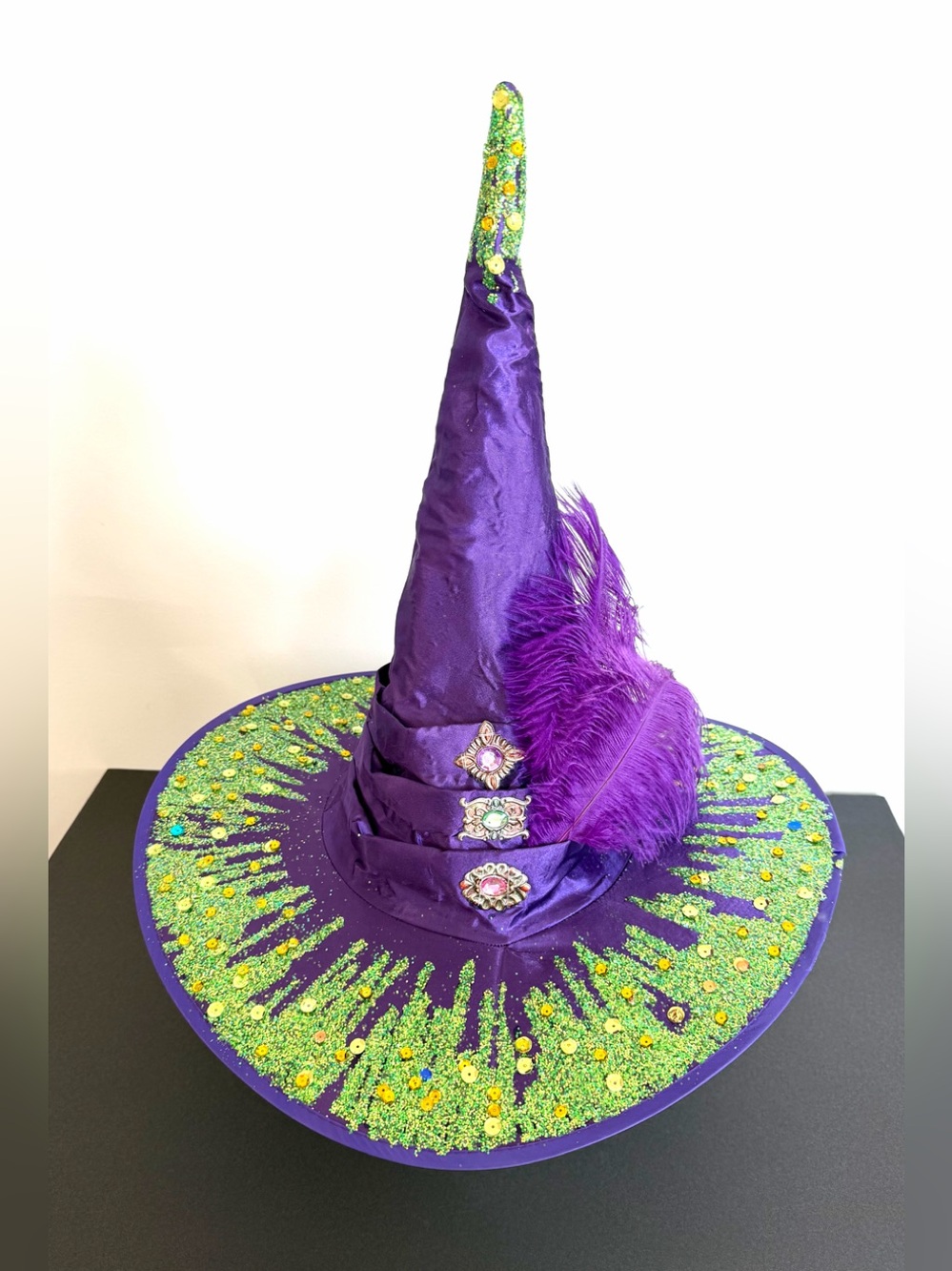 Purple Witch Hat satin ostrich feathers Green sparkle Trim brim one size adult - Picture 9 of 12
